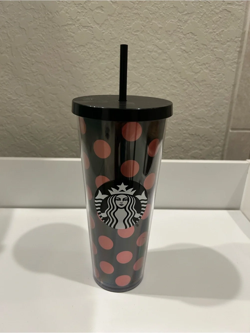 Starbucks Black Tumbler with Pink Polka Dots and Straw